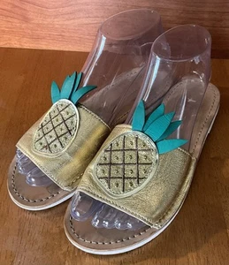 Kate Spade Womens Gold Metallic Leather Glitter Pineapple Sandals Slides Size 6 - Picture 1 of 16