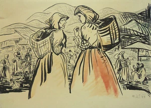 Ilustración a lápiz y tinta del mercado rural europeo antiguo - Imagen 1 de 2