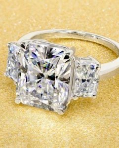 5.3CT Radiant Cut Lab Created Diamond Three-Stone Engagement White Gold FN Ring - Picture 1 of 6