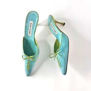 Manolo Blahnik Retro Vintage Schleife Schnürung Nadelstreifen spitz zulaufend Pantoletten Pumps 41 - Bild 1 von 8