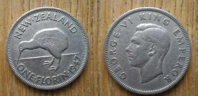 Nueva Zelanda 1 Florín 1947 Dólares Libras Dólar Centavo Moneda Pájaro Envío Gratis Mundial Foto 1 de 3