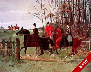 WOMEN RIDERS IN FOX HUNT HORSE EQUESTRIAN HUNTING ART PAINTING REAL CANVAS PRINT - Picture 1 of 1