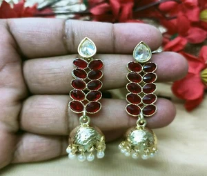 Red Pearls Jhumki Earrings Pierced With Kundan Stone Gold Plated Women Jewellery - Picture 1 of 4