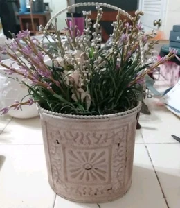 Flowers In Metal Basket 10.75" H Lilac White Green Beige Lightweight Hang Decor  - Picture 1 of 7