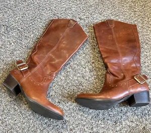 Harley Davidson Tall Brown Leather Riding Moto Western Boots Studs Buckle 6.5 - Picture 1 of 13