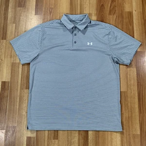 Under Armour Polo Shirt Mens Extra Large Gray White Stripes Loose Fit Golf - Picture 1 of 9
