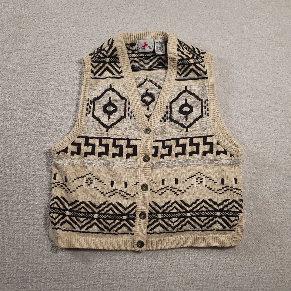 Vtg Crazy Horse Women's M Sweater Vest Aztec Big Lebowski 90s V-Neck Button Up - Image 1 of 4