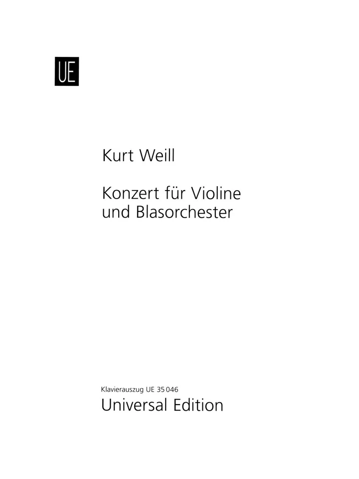 Concerto for Violin & Wind Orchestra Op 12 Piano Sheet Music Kurt Weill Book - Image 1 of 1