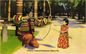 Vintage Linen Postcard Archery at Tropical Hobbyland Miami FL 1930s - Bild 1 von 2
