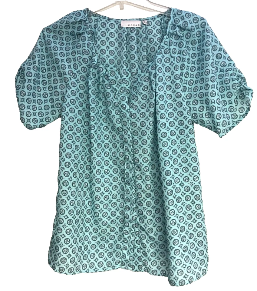 Kenar Women's Large Lightweight Green Ruched Short Sleeve Button up Blouse - Image 1 of 4