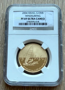 Israel 2004 Gold 1/2 oz 10 New Sheqalim NGC PF69UC Windsurfing - Picture 1 of 2