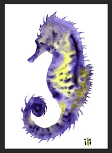 ACEO Watercolor Print Cute Purple Seahorse Fine Art Painting - Picture 1 of 2