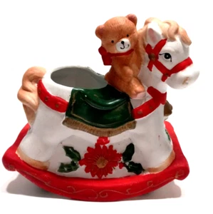 Rocking Horse Bear Rider Planter 6" Tall Whimsical Poinsettia Vintage Christmas - Picture 1 of 7