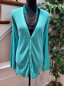 JCP Women's Aqua Linen & Cotton V-Neck Long Sleeve Cardigan Sweater Size 3X - Picture 1 of 11