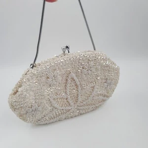 Vintage Sequin Evening Party Clutch Hand Bag C 1960’s Hong Kong Cream Wedding - Picture 1 of 8