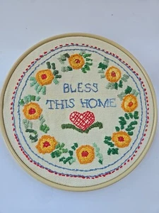 Vintage Embroidery Bless This Home Needlework Cottagecore Round Floral - Picture 1 of 5