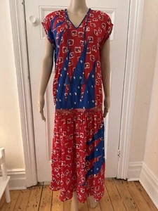 Diane Freis Size Medium Vintage Original Blue Red Drop Waist Georgette Dress - Picture 1 of 13