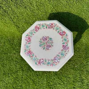 White Marble End Table | Pink Mother of Pearl Inlay | Floral Pietra Dura Art - Picture 1 of 9