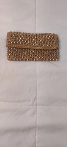 Gold Beaded Womens Vintage Clutch Evening Handbag, 8 3/4 in Width & 4 3/4 in Ht - Picture 1 of 10