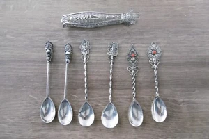 6 anciennes petites cuillères et 1 pince à sucre en argent massif filigrane - Imagen 1 de 10