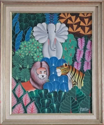 ARTE HAITIANO GENUINO DE COLECCIÓN FAMOSO JOEL GAUTHIER PINTURA "ELEFANTE" HAITI Foto 1 de 4