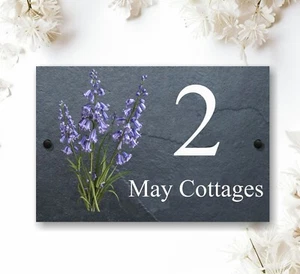 Letrero de casa de pizarra natural Blue Bells cualquier nombre o número regalos ideales - Imagen 1 de 6