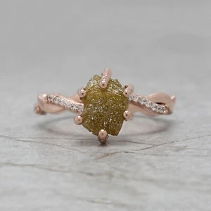 3.34 Ct Rough Yellow Color Diamond Ring 14K Rose Gold Engagement Gift Ring - Picture 1 of 9