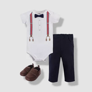 Little Treasure Baby Boy's White Cotton Bodysuit Pant Shoe Set Size 6-9M - Picture 1 of 2