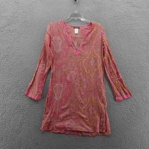 Tommy Bahama Cotton Paisley Tunic Top XS Pink Women Long Sleeve Boho Cover Up - Picture 1 of 12