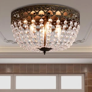 15" Vintage Ceiling Light, 4-Lights Bronze Crystal Flush Mount Chandelier Lig... - Picture 1 of 8