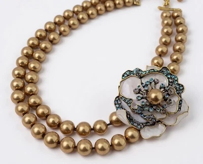 Camellia Flower Necklace Pearl Museum Palace Gold CZ VTG Court Medieval Court - Image 1 of 4
