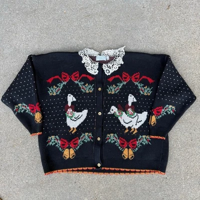 Suéter Vintage Años 80 Loft Navidad Ganso Crochet Doily Cuello Cárdigan 2X Foto 1 de 4