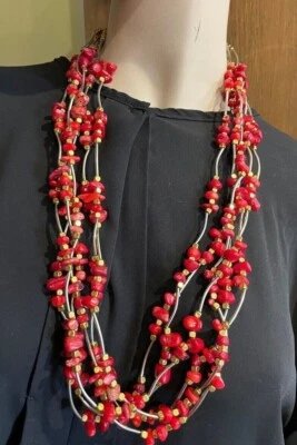 Collar grueso de 28" vintage de latón plateado con cuentas de coral rojo real en 6 T 161,5 g Foto 1 de 4
