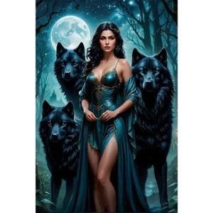 5D Diamond Painting Kit 20X30cm Lady with 3 Black Wolves - Rhinestones - Picture 1 of 3