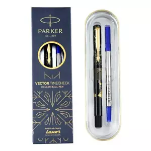 Parker Moments Vector Timecheck Gold Trim Roller Ball Pen (Black) Ink Blue - Picture 1 of 6
