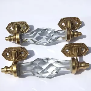 medium clear door handles of brass and cut glass (pair) antique style - Picture 1 of 6