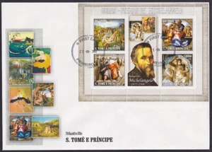 SANTO TOMÁS Y PRÍNCIPE Sc# 1616 FDC S/S de 4 DIFF MICHELANGELO, 1 SELLO BÍBLICO - Imagen 1 de 1