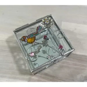 Vintage Jeweled Bird Glass Mirror Square Jewelry Box 3.5” X 3.5” - Picture 1 of 8
