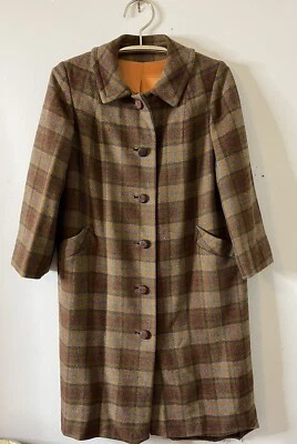 Vintage Brown Green Orange Gray Plaid Wool Long Coat Button Pea Coat — 第 1/4 张图片
