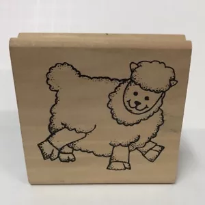Sheep Rubber Stamp Curly Lamb Ewe Smiling Line Drawing Wood Mounted 2-7/8" Block - Picture 1 of 8