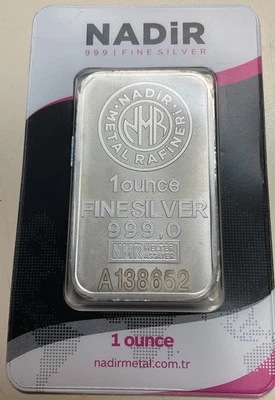 Barra de plata Nadir Metal Rafineri 1 OZ 999 sellada en tarjeta de ensayo Foto 1 de 4