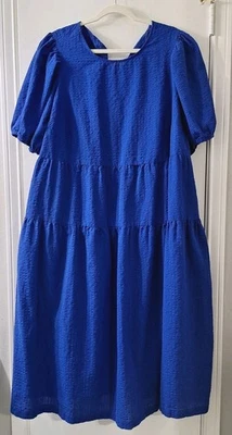 Old Navy Tiered Midi Puff Sleeve Dress 3X ALL Day Midi Swing Sapphire Blue SEE  - Image 1 of 4