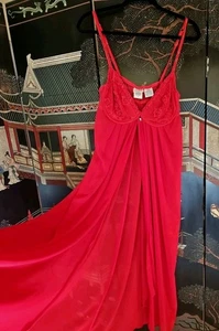 Vintage DELICATES LINGERIE Sexy Long Nightgown HOT RED Lace Center Slit L Sz. L - Picture 1 of 12