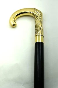 Antique Brass Designer Golden Handle Black Wooden Walking Stick Canes Gift - Picture 1 of 10