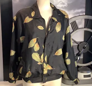 Giacca Bomber Fuda International Vintage Seta Nero Motivo Foglia Zip Tg S - Foto 1 di 12