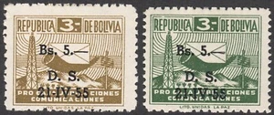 1955-48 Bolivia SC# RA21RA22- Communication - Surcharged - Postal Tax Stamps-M-H - Picture 1 of 2