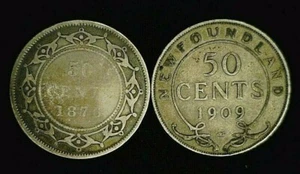 1876-H VICTORIA & 1909 EDWARD NEWFOUNDLAND SILVER 50 CENTS REDUCED 7/3/25 (9985 - Picture 1 of 2