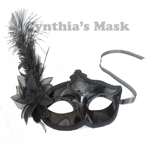  Shiny Metallic Venetian Masquerade Mask w/Ostrich Feather Prom Party Halloween - Picture 1 of 6