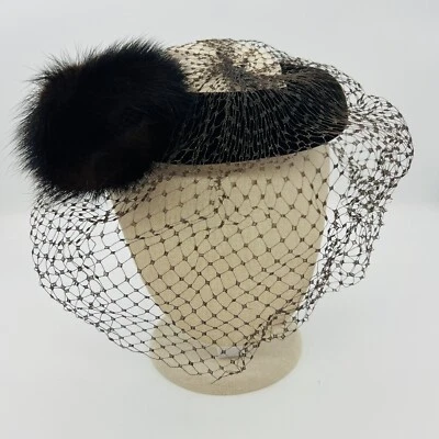 Vintage Mid Century Women’s Fascinator Hat Velvet Fur Accent Brown Blusher - Image 1 of 4
