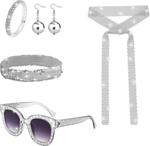 Mujer Años 70 Disco Disfraz Escenario Accesorios Accesorios Pendientes Lentejuelas Bufanda Diadema - Imagen 1 de 19